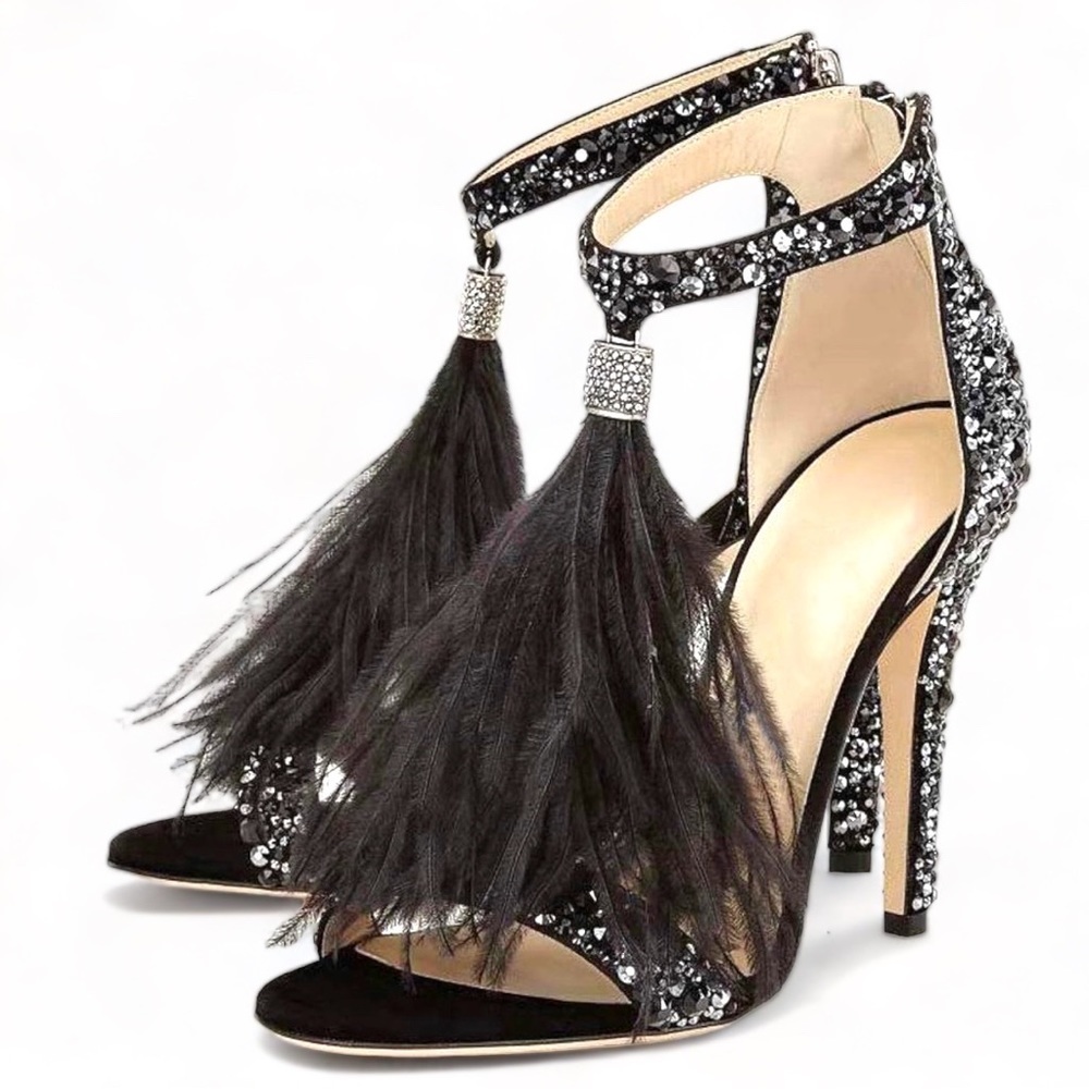 NWOT Hinyyrin Black Formal Tassels Rhinestone Feather Stiletto Heels Size 7.5